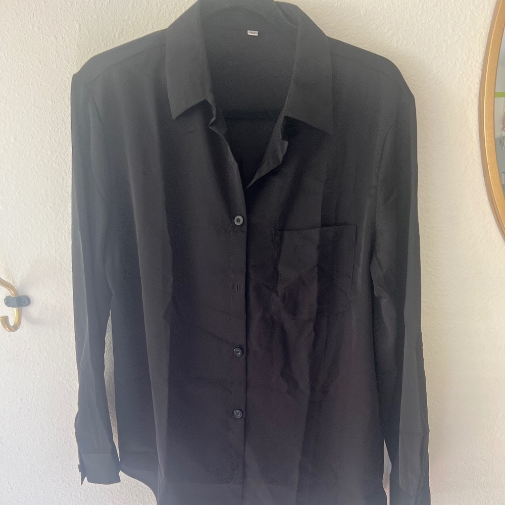 Quince Black Satin Button Up Shirt